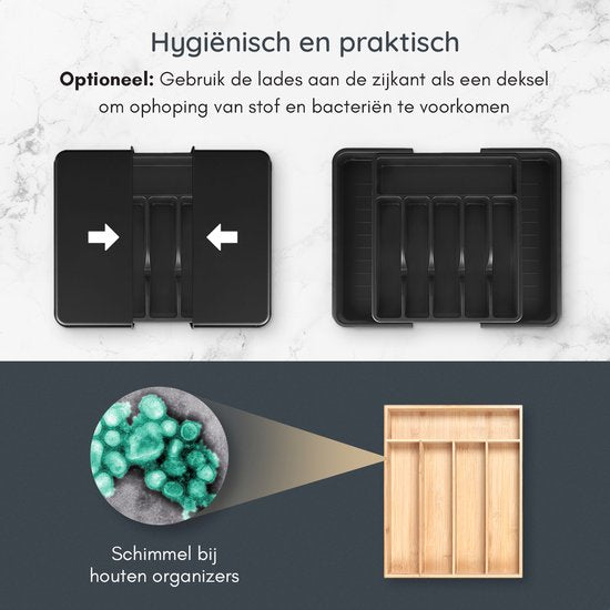 Deleca Ausziehbarer Besteckeinsatz mit 8 Fächern - Besteckschubladen-Organisator - Küchenschubladen-Besteckorganisation - Besteckhalter Küche - 57 x 38 cm - Kunststoff / Schwarz