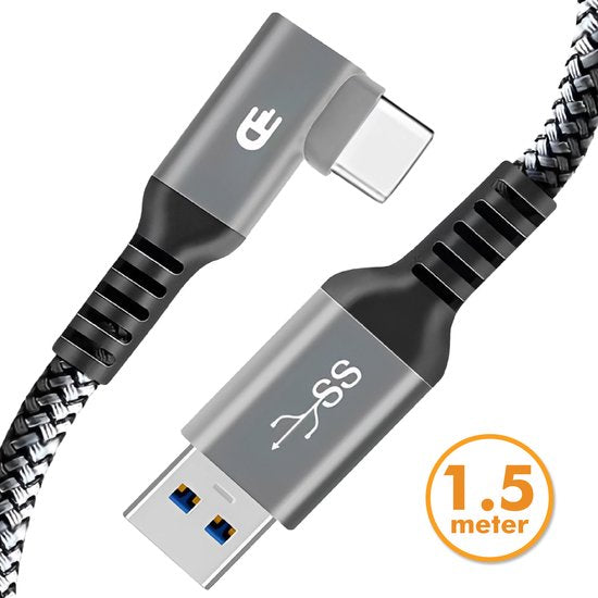 Drivv. USB-auf-USB-C-Kabel - Gewinkelt - Modell 2024 - USB-C-Daten- und Ladekabel - Schnelles Laden / Schnelles Aufladen - 1,5 Meter kurz - Geeignet für Samsung, iPhone 15 und mehr - Grau