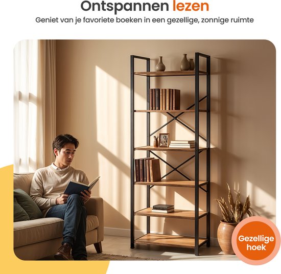 Goliving Bücherregal - 66 x 30 x 186 cm - 6 Lagen - Aufbewahrungsschrank - Wandschrank - Bücherregal - Ausstellungsschrank - Regalschrank - Wohnzimmerschrank - Industriell - Braun/Schwarz