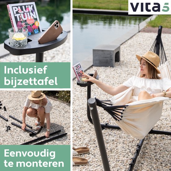 Vita5 Hängematte mit Ständer - 2 Personen - inkl. Getränkehalter - 205kg Tragegewicht - Beige/Weiß