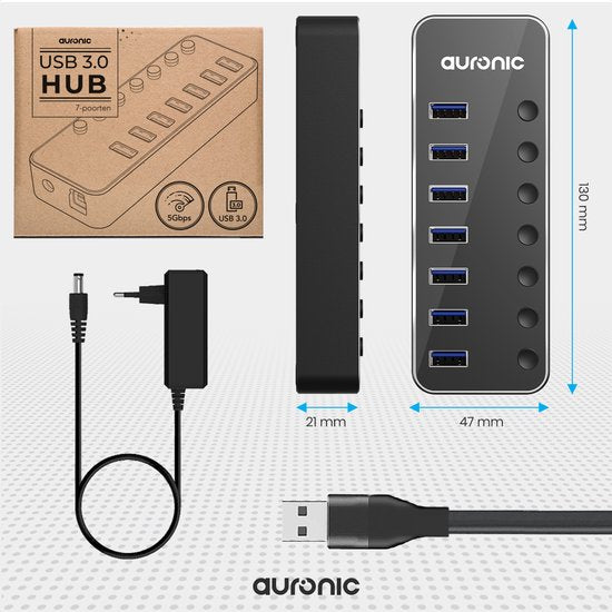 Auronic USB Hub 3.0 - USB Splitter mit 7 Ports - mit Netzteil - 5 GBPs - Led-Anzeige - Schwarz