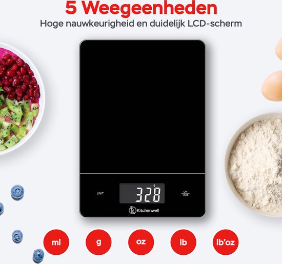 Kitchenwell Digitale Präzisions-Küchenwaage - Waage Küche - 1gr - 15kg - Tara-Funktion - USB wiederaufladbar - Schwarz