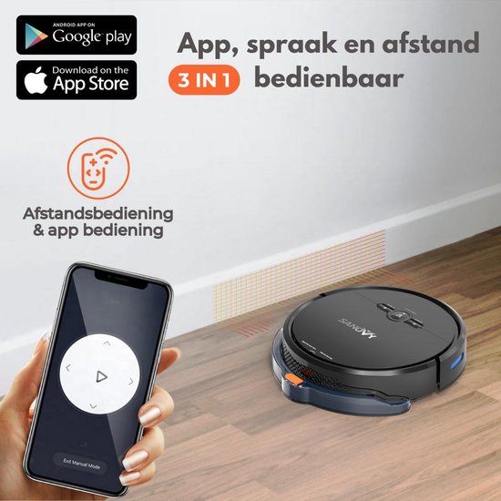 Sanovy 3 in 1 Staubsaugerroboter mit Wischfunktion - 1800 PA- Automatische Ladestation - Wischroboter - App