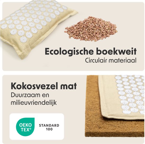 LifeGoods Akupressurmatte Eco - Komplettset - Kissen / Tragetasche / 2x Triggerpunktball - Shakti-Matte - Nagelmatte - 72x43x2cm - Beige/Weiß