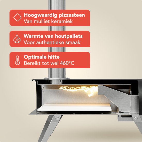 KitchenBrothers Pizzaofen - Holzbefeuert - Tischmodell - Zusammenklappbar - PFAS-frei - Pizzastein - bis zu 460°C - Pizzabäcker - Komplettset - Pizzaofen für draußen - Schwarz/RVS