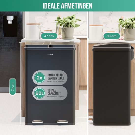 Avalo Mülleimer Abfalltrennung 60 Liter - Edelstahl Schwarz - 2 Fächer - Umweltbewusst, Hygienisch & Fingerabdruckfrei - Treteimer / Mülleimer
