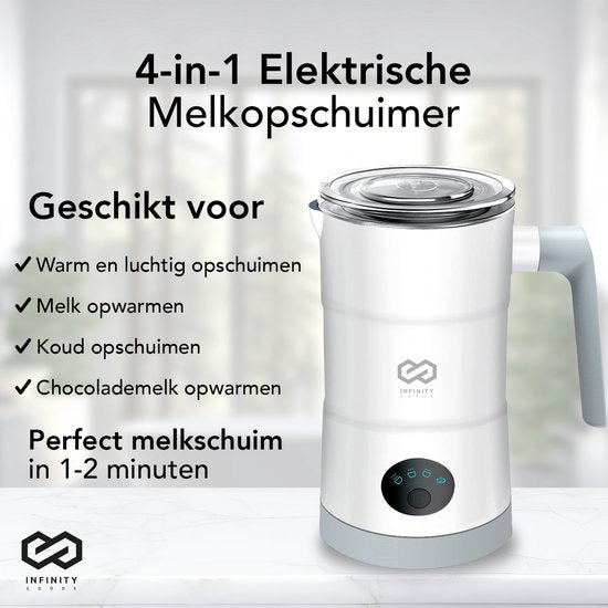 Infinity Goods 4-in-1 Elektrischer Milchaufschäumer - 350 ml - Aufschäumen und Erhitzen - Cappuccino - Spülmaschinenfest - Weiß