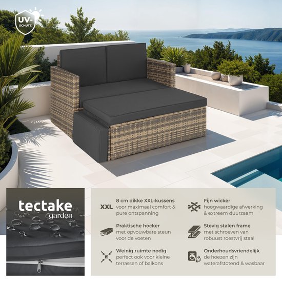 tectake® Lounge-Sofa aus Geflecht - Mit Ottomane - Für 2 Personen - Lounge-Sofa mit Sitz- und Rückenkissen - Wetterfest - Ideal für Terrasse, Wintergarten und Balkon - Maße Sofa (LxBxH) 119 x 64,5 x 71,5 cm - Natur