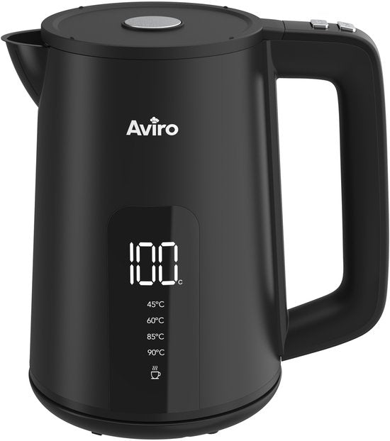 Aviro Wasserkocher mit Temperaturregelung - Heizfunktion - 1.7L - Edelstahl - Doppelwandig - Elektrisch - 2000W - Schwarz