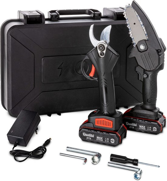 Qualitá® Elektrische Gartenschere - 2 in 1 Mini-Kettensäge - Blumenschere, Astschere, Heckenschere elektrisch - 2 Akkus mit Ladegerät - inkl. Aufbewahrungsbox Gartengeräte