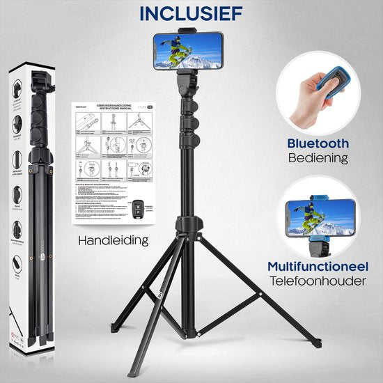Studio ME Telefonstativ - 170 cm - Stativ Smartphone - Schwarz - Kamerastativ - Telefonhalterung - Inkl. Bluetooth-Fernbedienung - Stativ Iphone - Stativ Telefon