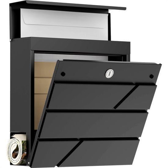Avalo Briefkasten Edelstahl Schwarz mit Zeitungsbox und Schloss - Inkl. Befestigungsmaterial & 2 Schlüssel