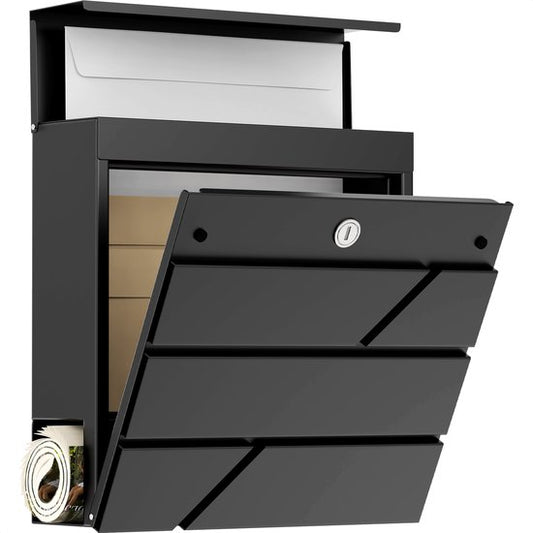 Avalo Briefkasten Edelstahl Schwarz mit Zeitungsbox und Schloss - Inkl. Befestigungsmaterial & 2 Schlüssel