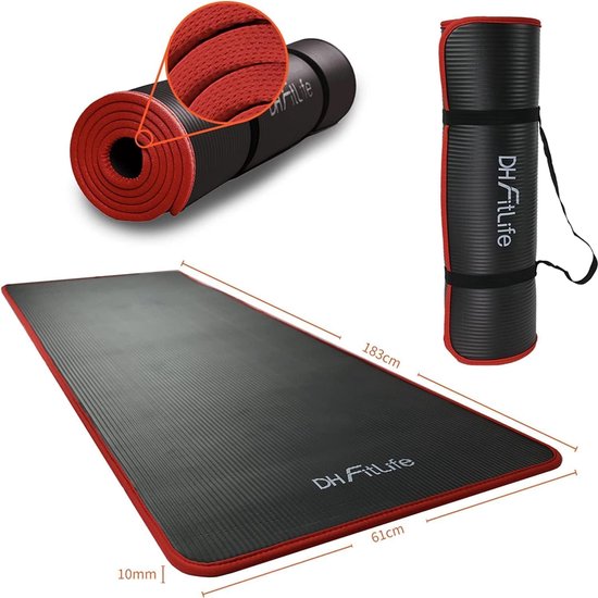 DH FitLife Trainingsmatte, Fitnessmatte, Sportmatte, 183 x 61 x 1 cm, extra reißfest, Yogamatte, rutschfest und dick, Workoutmatte (schwarz)