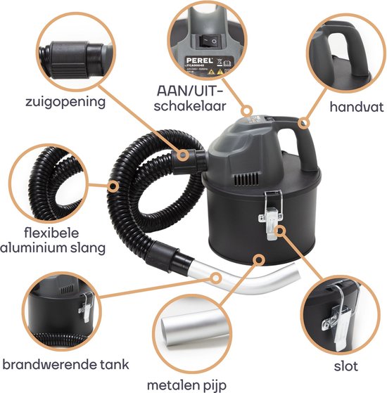 Perel Mini-Aschesauger, Kaminsauger, Aschesauger, Kaminsauger, Grillsauger, Trockensauger mit flexiblem Schlauch 0,3 m, HEPA-Filter, Saugfunktion, ohne Beutel, 600 W, 4 L
