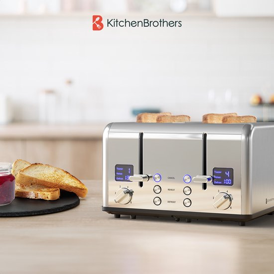 KitchenBrothers Toaster - Toaster - 6 Heizstufen - 4 extra breite Schlitze - 1630W - Edelstahl/Silber