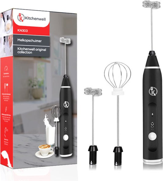 Kitchenwell Elektrischer Milchaufschäumer - Milchaufschäumer manuell - Milchaufschäumer - 3 Geschwindigkeiten - Schwarz
