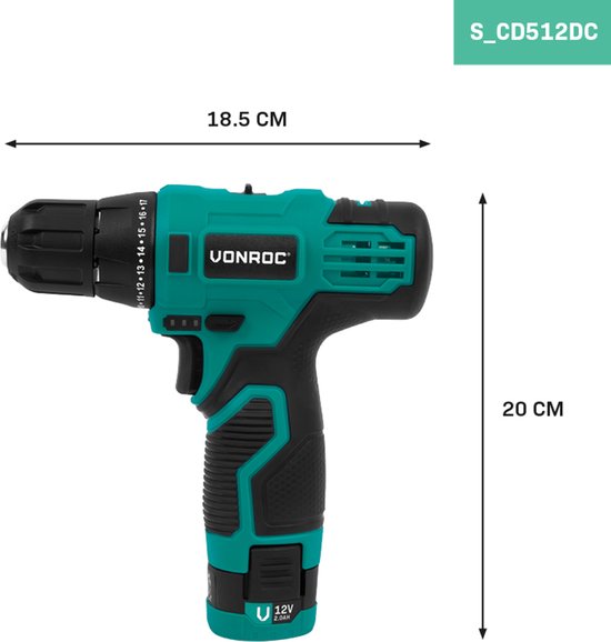 VONROC Akku-Bohrmaschine 12V - Inkl. Akku, USB-C-Kabel und 16-teiligem Bohrer- und Bit-Set