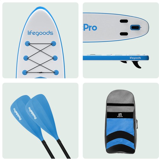 LifeGoods PaddlePro SUP Board - mit Sitz - Aufblasbares Paddle Board - Komplettset - Max. 135KG - 320x81cm - Weiß/Himmelblau