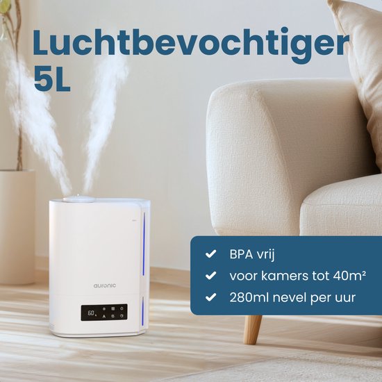 Auronic Luftbefeuchter - 5 Liter - Geeignet für Wohnzimmer, Büro, Schlafzimmer, Babyzimmer und mehr - BPA-frei - Weiß