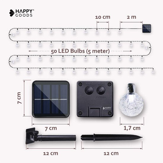 Happy Goods - Weihnachtsbeleuchtung - 7m - 50 Solar LED - Solar Gartenbeleuchtung - Solar Gartenbeleuchtung - Kristall Lichter ø 2,5 cm - Langlebig