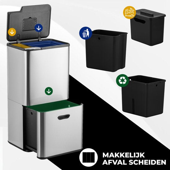 Bayt Abfalleimer 60 Liter - Abfalleimer 60 Liter - Mülltrennung - 2 Fächer - Edelstahl - Silber