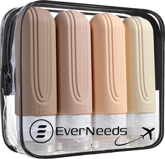 EverNeeds Reiseflaschen mit Etui - Nachfüllbar - Silikon-Reiseflaschen Handgepäck - Creme - 4 Stück