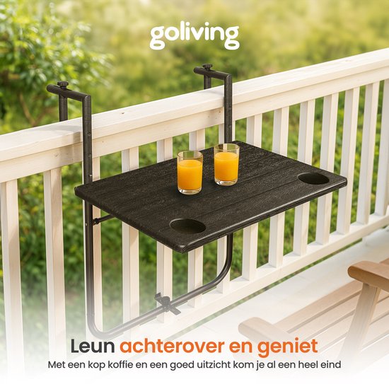 Goliving Balkontisch - klappbar - hängend - 60 x 40 cm - in 3 Höhen verstellbar - wetterfest - 2 Becherhalter - Schwarz
