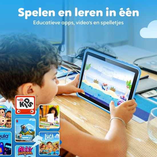 Spoused Kinder-Tablet - 10,1 Zoll - Kinder-Tablet ab 3 Jahren - 64GB - 4GB RAM- 6000 mAh Akku - Inkl. Schutzhülle & Parent Control App - Blau
