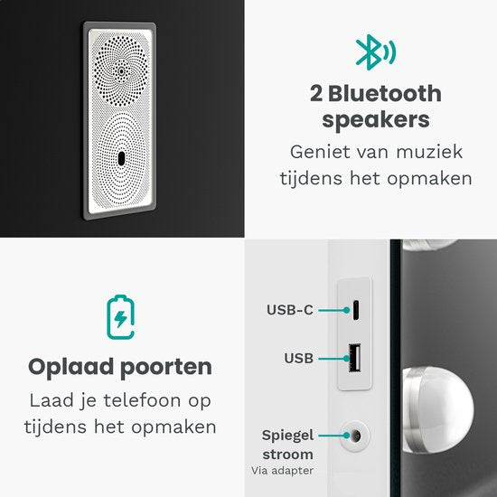 Mirlux Hollywood Mirror 58x48CM - Bluetooth-Spiegel mit 2 Lautsprechern - Schminkspiegel mit Beleuchtung - 15x LED-Lampen - 3 Lichtmodi - 10-fache Vergrößerung - Hollywood-Spiegel mit USB & USB-C - Luxuriöser weißer Schminkspiegel für Schminktisch oder Ba