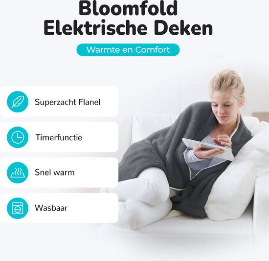 Bloomfold Heizdecke - 180 x 160 cm - Waschbar - 2 Personen - 9 Stufen - Mit Timer - Flanell- Grau