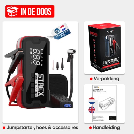 Strex - 12V Starthilfe mit Kompressor - 4000A - 24.000 mAh - 5-in-1 Funktion mit Led-Taschenlampe & SOS - Inklusive Hardcover-Tasche - Kunststoff - Schwarz & Rot