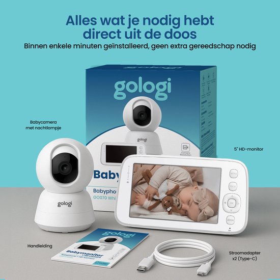 Gologi Babyphone mit Kamera - Babyphone - Babykamera - Ferngesteuert über App und Bildschirm - Weiß