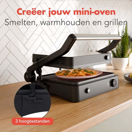 KitchenBrothers Kontaktgrill - Grillgerät - Abnehmbare Grillplatten - Panini Grill - 3 Höheneinstellungen - Toasti Eisen - 2000W - Edelstahl