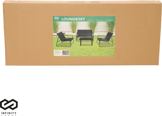 Infinity Goods Tuinset - Loungeset - Tuinmeubelen - Tuinbank - Tuinstoelen - Tuintafel - Glazen blad - 4 Persoons - Zwart/Antraciet