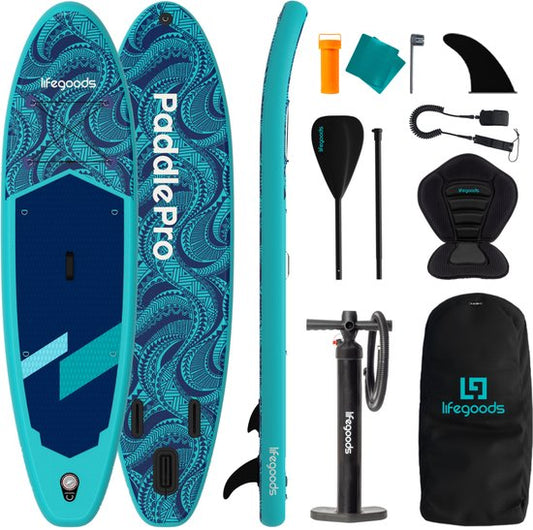 LifeGoods SUP Board All-round Compact - mit Sitz - 100 KG Tragfähigkeit - 300 x 76 cm - Aufblasbar - Komplettes SUP Paket - Blau