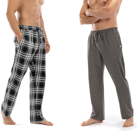 Milanoro - 2er Set Pyjamahose aus Baumwolle für Herren - Anthrazit/Schwarz-Weiß kariert - XL