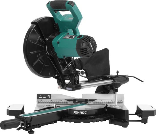 VONROC PRO Kappsäge - Fällsäge - Gehrungssäge - 2200W - Ø255mm - Schneidet Holz, Kunststoff und Metall - Regelbare Geschwindigkeit - Schnittkapazität 340mm - Verstellbare Tischverlängerung - Zugfunktion - Neigbar - Längenanschlag - Inkl. Sägeblatt, Laser
