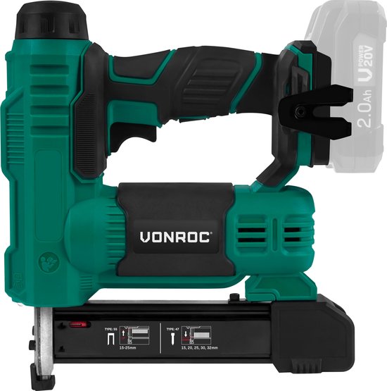 VONROC Akku-Tacker - VPower 20V - Inkl. 1000 Klammern & 1000 Nägel - Ohne Akku & Ladegerät - grün/schwarz