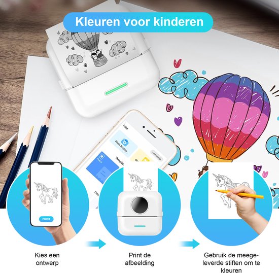 Ilona Mini-Drucker für das Handy - Taschendrucker - Premium Mini-Fotodrucker - Tragbarer Smartphone-Drucker - Mobiler Fotodrucker - Stickerdrucker - Inkl. 5 Rollen Klebepapier + 5 Rollen weißes Papier + 3 Rollen farbiges Papier + 5 Stifte