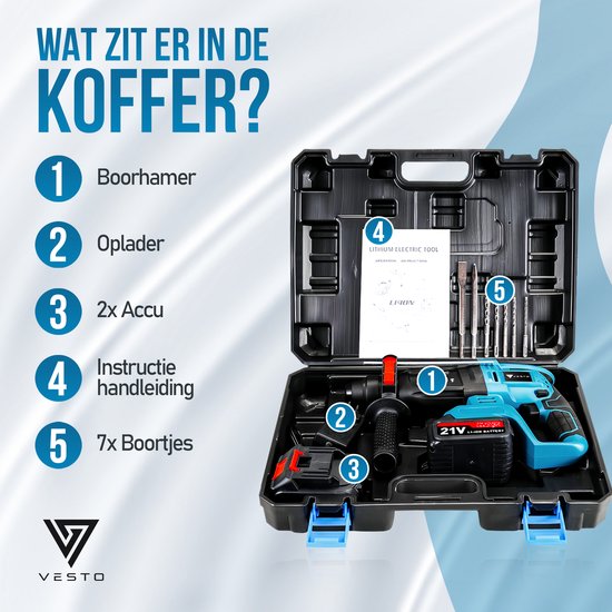 Vesto® Elektrohammerbohrer - Akku-Schlagbohrer - Hammerbohrer mit Meißelfunktion - Akku-Kombihammer - Betonbohrer - Inklusive Bohrer-Set, 2x Akku & Ladegerät