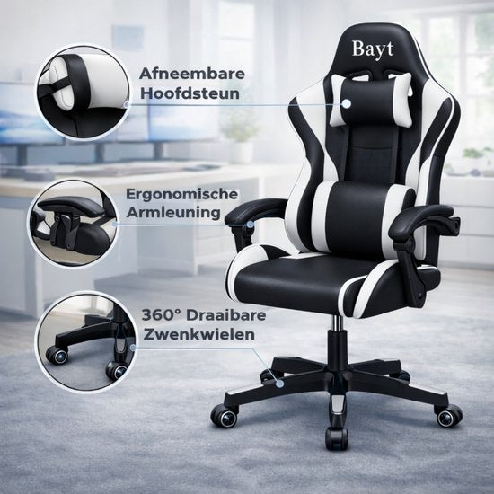 Bayt Game chair - Gaming-Stuhl - Gaming-Stuhl - Verstellbare Rückenlehne - Komfortabler Game-Stuhl - Schwarz und weiß