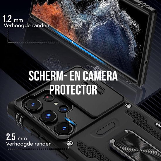Podec Case mit Displayschutzfolie - Geeignet für Samsung Galaxy S23 Ultra - Schwarzes Handy Case - Anti-Shock Case - Hybrid Armor Case mit Kickstand Ring