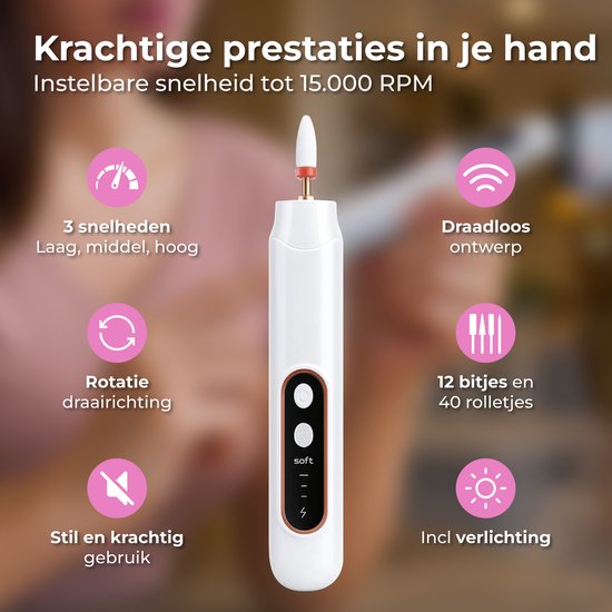 Nuvance Elektrische Nagelfeile - 15000 RPM - Nagelfräse - 12 Bits - 40 Schleifrollen - Maniküre & Pediküre Set