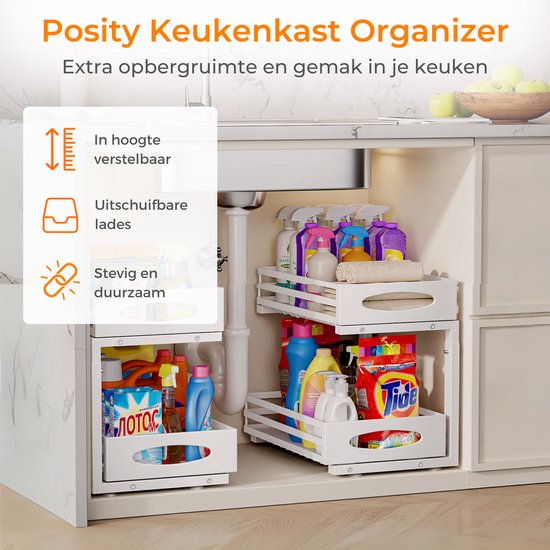 Posity Küchenschrank-Organizer - Spülenschrank-Organizer - Arbeitsplatten-Organizer - Aufbewahrungsregal - Badezimmer-Organizer - Küchenregal - ausziehbar - Metall - weiß