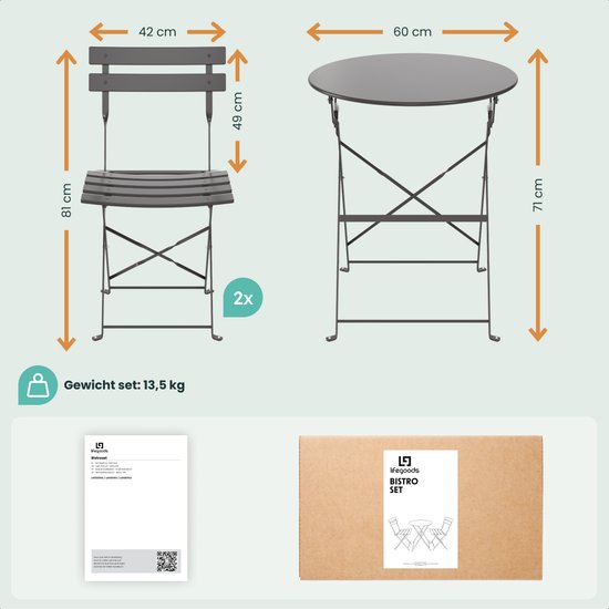 LifeGoods Bistro-Set - Stahl - 3-teilig - Gartenset - klappbar - Balkonset mit Tisch - wetterfest - Dunkelgrau