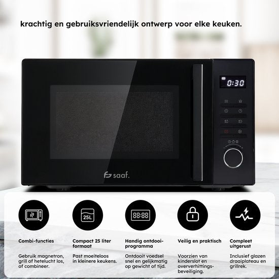 Kombi-Mikrowelle - 25L - Freistehende Kombi-Mikrowelle - Grill- und Heißluftfunktion - 10 Kochprogramme - Digitaler Timer und Kindersicherung - 900W - Schwarz - Saaf