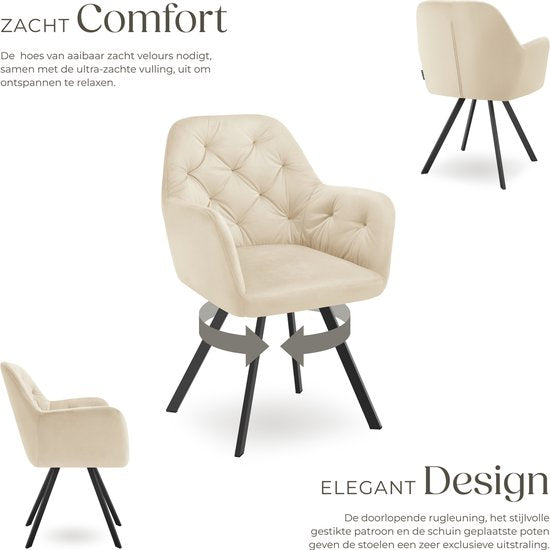 tectake - Drehstuhl - mit Arm- und Rückenlehne - 180-Grad-Drehung - Moderner Stuhl mit Stahlbeinen - Samt - Creme