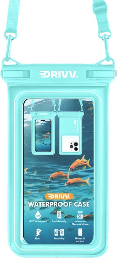 Drivv. Wasserdichte Luxus-Telefonhülle - schwimmend - Doppel-Clip-Verschluss - Telefone bis zu 6,8 Zoll - Unterwasser-Telefonhülle - Blau