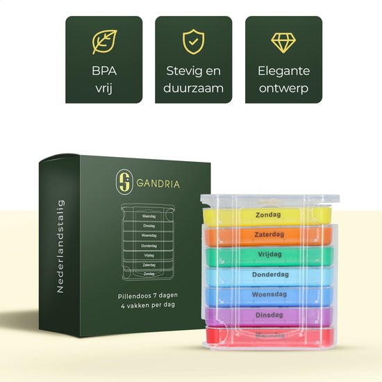 Gandria Pillenbox 7 Tage - Stapelbare Medizinbox mit 28 Fächern - 4 Fächer pro Tag - 7 Farben